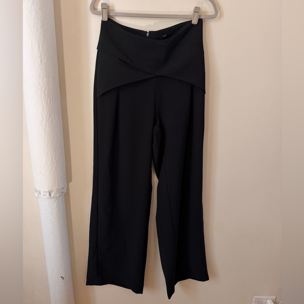 Fold-Over Waist Wide Leg Pants — Black